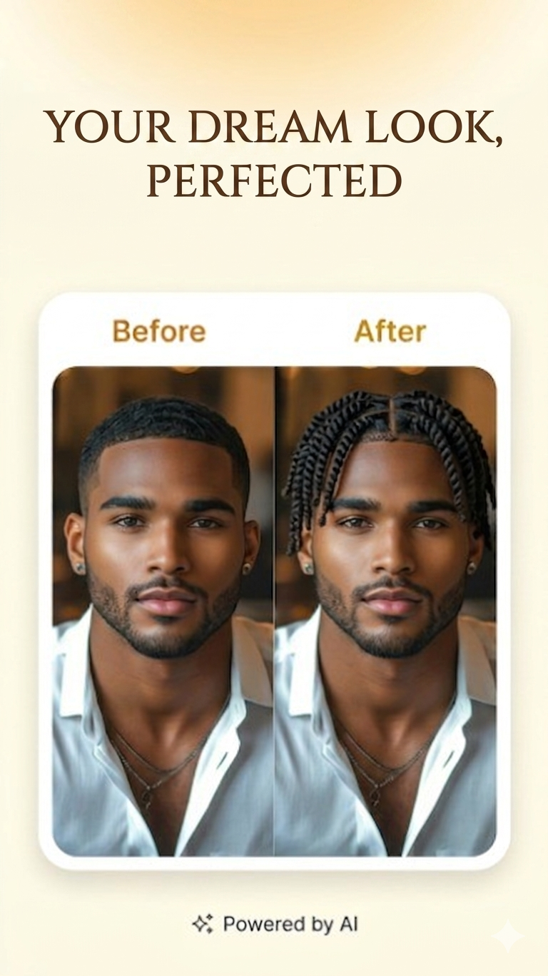 Before and after AI hairstyle transformation showing braids applied to a selfie